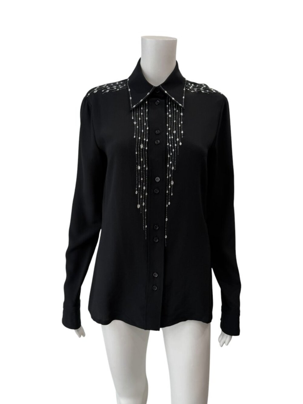 $1585 Givenchy Black SIlk Crystal Beaded Blouse Polo Shirt size 6/38